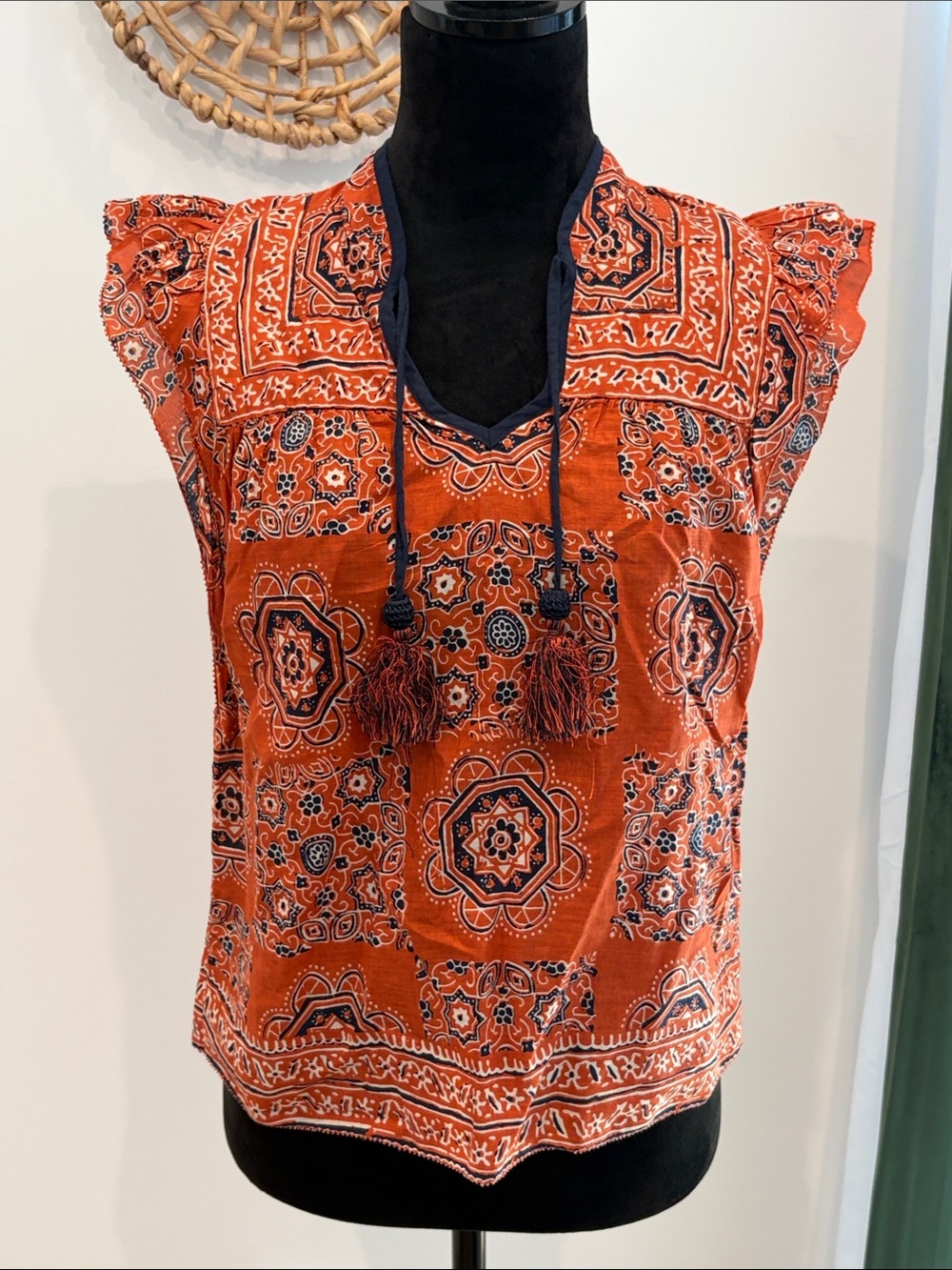 Faherty Orange Printed Tie-Neck Flutter Sleeve Top